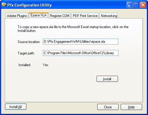 Pfx Configuration Utility The PFX Configuration Utility provides the capabilities to replace the Adobe Plug-in, Excel add-ins, reregister dll s, start the PDF Printer Service, and configure network