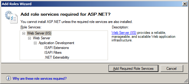 Figure 4 Select Role Services 5. Some role services will already be checked off by default. Leave those role services selected. 6. Under the Application Development tree node, select the ASP.