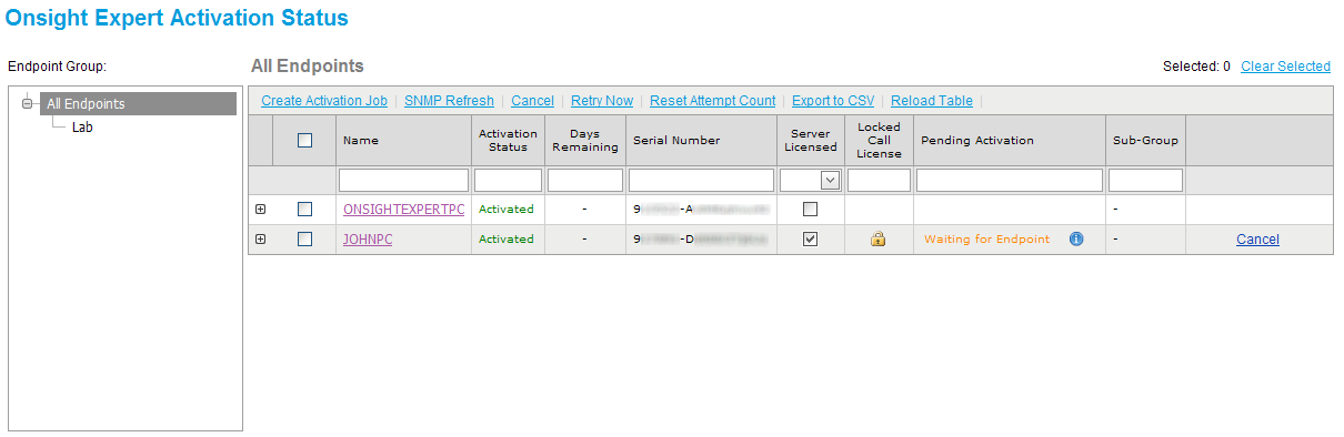 Figure 60 - Onsight Expert Activation Status The Onsight Expert Activation Status page contains a table of all Onsight Expert endpoints currently managed by Onsight Management Suite, along with their