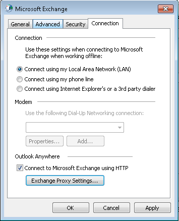 8. From the Exchange Proxy Settings screen, enter the proxy server information as shown below. Enter WEBMAIL.CBEYONDONLINE.NET in the top field.