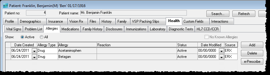 In the patient profile or Exam screens, go to the Health tab and select the Medications sub-tab to see the list of medications for the patient.