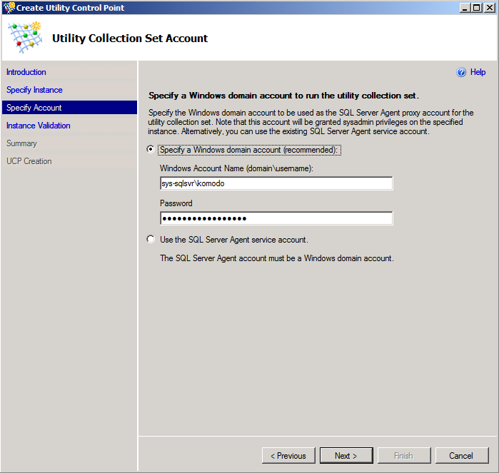 Figure 6: The Specify Account page of the Create Control Point Wizard The Instance Validation page of the Create