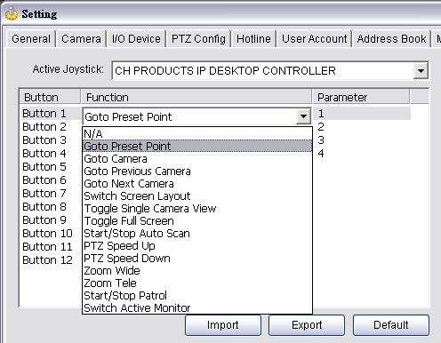 Zoom Tele 14. Start/Stop Tour 15. Switch Active Monitor Parameter: You can choose the parameter of the function from the drop-down menu.