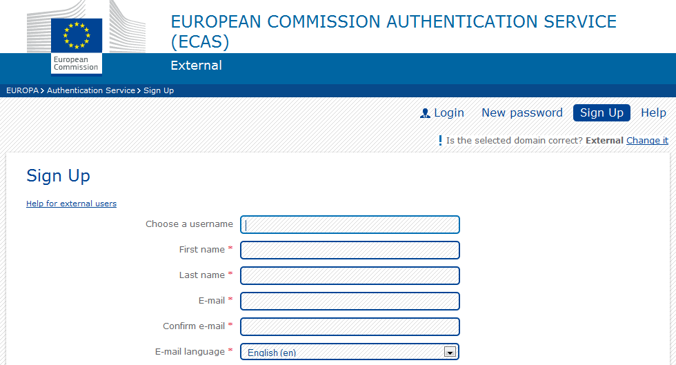 Register yourself in ECAS (European Commission Authentication Service) If you have never used any European Commission's web platform, it is very likely that you need first to create your ECAS account