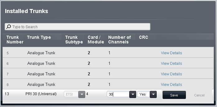 3.6.2.4 PRI Trunk (ESTI) The settings for an ESTI PRI trunk can be changed by double clicking on the trunk entry in the Installed Trunks table. Adjust the values are required and then click on Save.