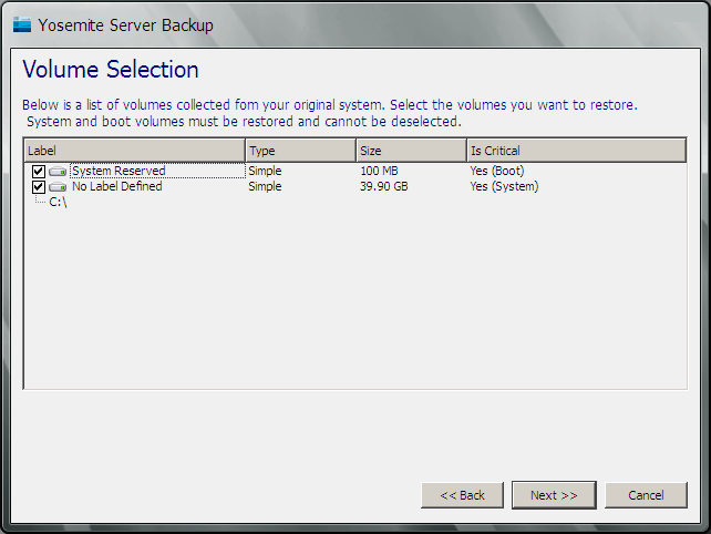 4. Select the volumes that you wish to restore.