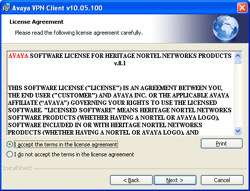 2. Install Avaya VPN Client 2.1) Double click on Avaya VPN Client executable. 2.2) Press Next 2.