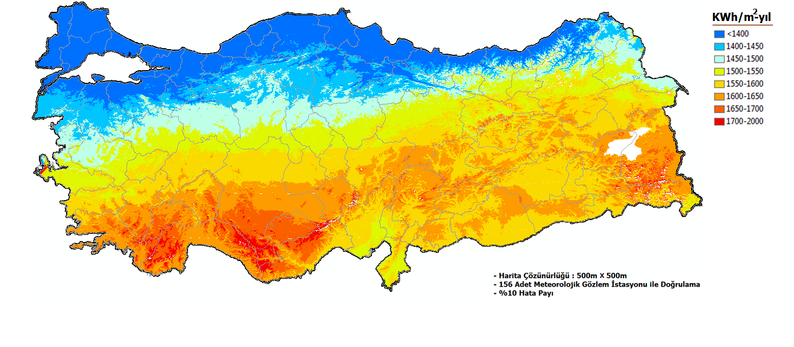 SOLAR POTENTIAL Average Global Solar Radiation: 1,500 kwh/m²-year Our SOLAR ENERGY POTENTIAL ATLAS has been prepared at a resolution of 500 m x 500 m by using Geographical Information System.