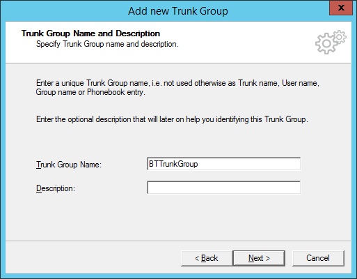 The following screenshots are showing the configuration dialogs from the wizard. Provide a meaningful name for the new SIP Trunk group.