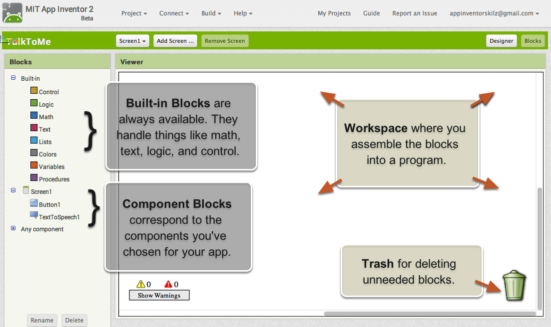The Blocks Editor The Blocks Editor is where you program the behavior of your app. There are Built-in blocks that handle things like math, logic, and text.