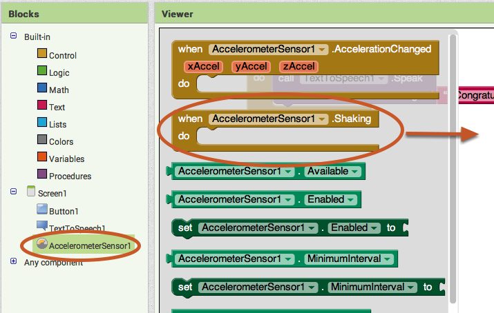 Go to the Blocks Editor Click "Blocks" to program the new Accelerometer Sensor that you just added.