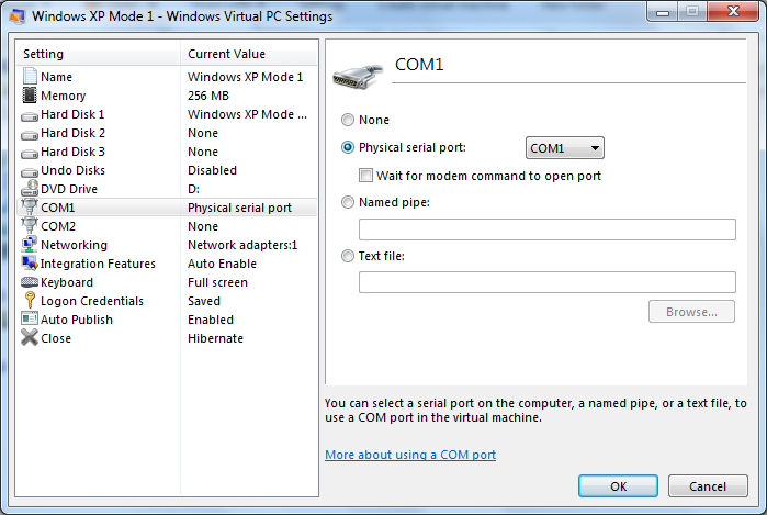 5. in the left pane of the Windows Virtual PC Settings page, click the name of an available COM port. e.g. COM 1 6. In the right pane, select the type of connection you want to make see Fig.2 above 7.
