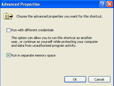 4. On the Advanced Properties page, check the box that says Run in separate memory space 5. click OK to save changes 6.