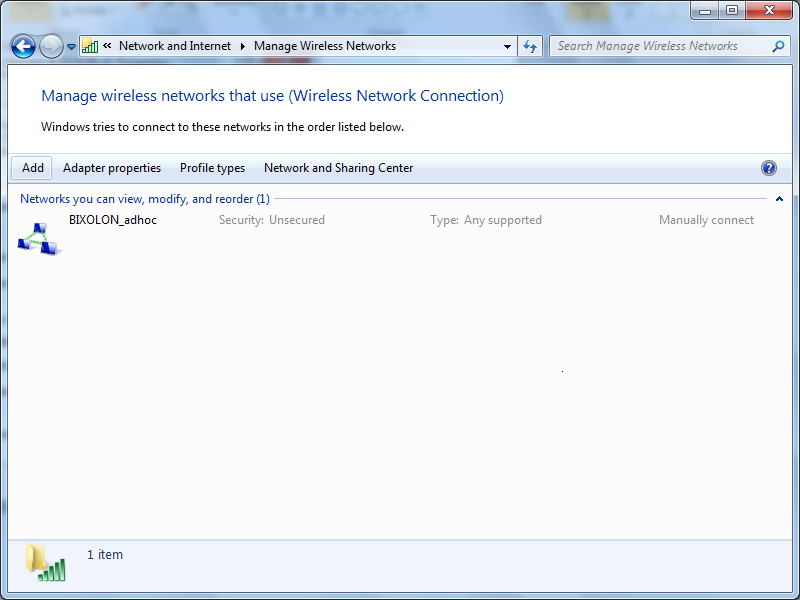 11) Click the Close. 12) After completing configuration, Bixolon_adhoc network will be created.