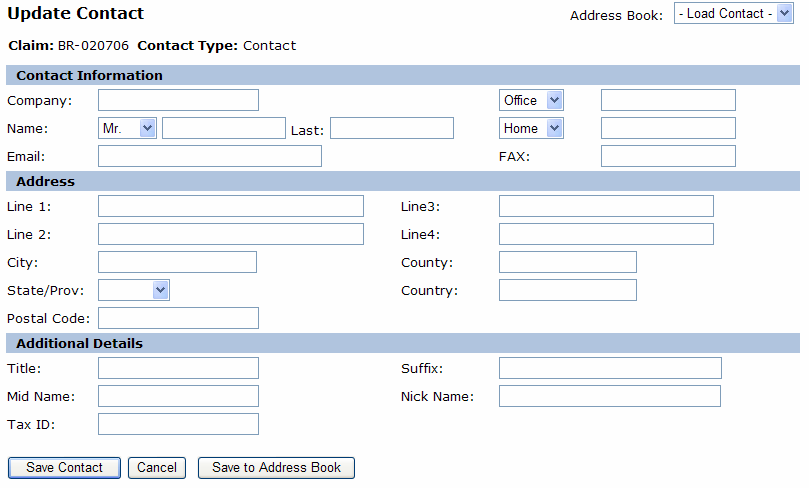 Add Contacts Double click on the Contact Type you want to enter. The Update Contact screen will appear.