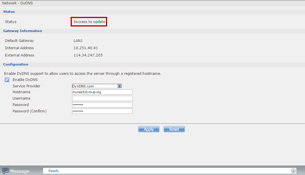 The following steps set up DyDNS using NoIP. Create a host on a NoIP account. Check Enable DyDNS.