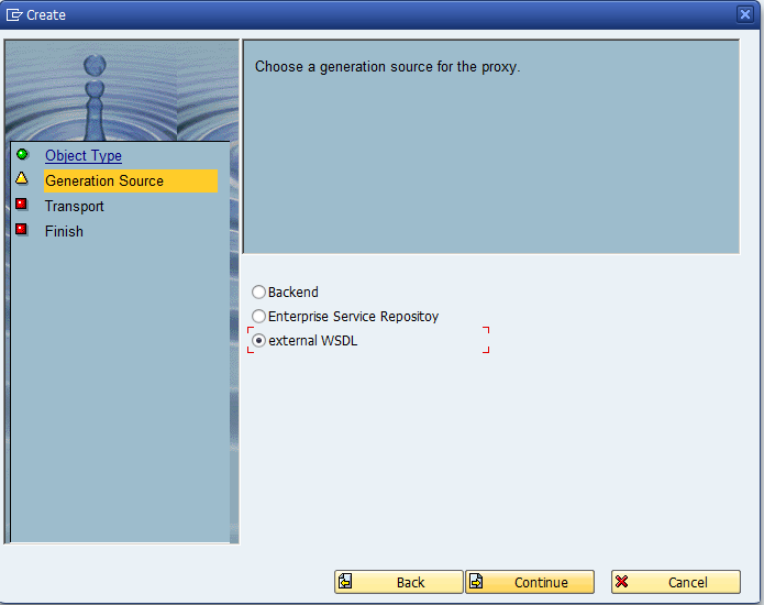 d. Select option: external WSDL, and Continue : e.