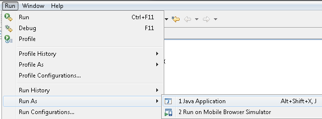 Troubleshooting If you don't see the option Java Application under Run Run As, click in the code editor and try again. Alternatively, you can select HelloWorld.java in the Package Explorer view.
