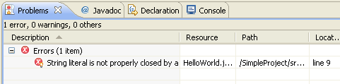 Note that a red X has appeared in the tab title (next to HelloWorld.java ). This indicates there is an error in the class. 2.