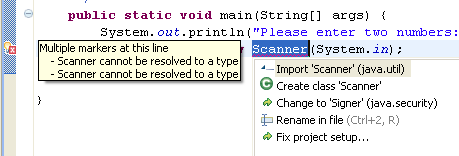 Note that RAD will complain that there are errors on this line. What is the error? Look at the Problems view. RAD does not understand what the Scanner class is.