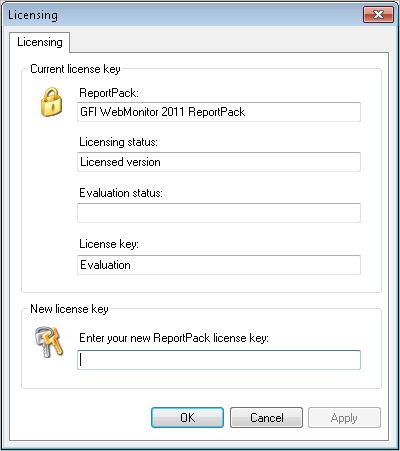 Screenshot 39 - Licensing dialog 4. In the Enter your new ReportPack license key text box, key in the license key provided by GFI Software Ltd. 5. Click on OK to apply the license key. 7.