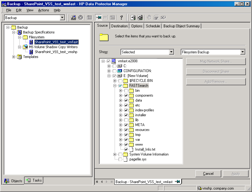 For a system with the FAST Search Server 2010 service enabled, the command creates a filesystem backup specification (Data Protector filesystem backup with the Use Shadow Copy option selected) that