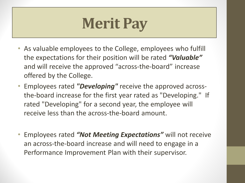 Employees rated as Valuable will receive the across-the-board percentage increase. An employee rated as Valuable will not qualify for a merit pay increase.