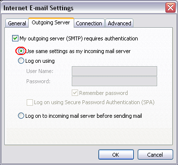 Step 6 Check My outgoing server (SMTP) requires authentication, ensure Use same settings as my incoming mail