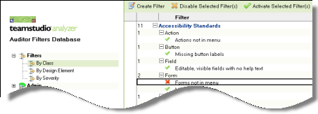 TEAMSTUDIO ANALYZER Disabling or Activating Filters You may decide to stop using a filter, or to use it selectively.