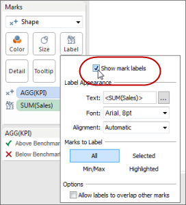 3. Click on Shape in the Marks Card. 4. In the Edit Shape dialog box, make the following selections: Under Select Shape Palette, select KPI.