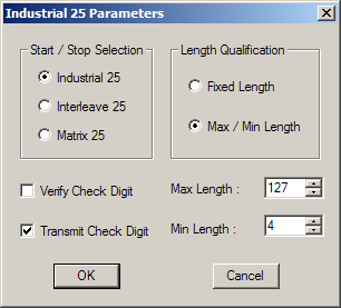 Chapter 3 Changing Symbology Settings 3.2 CODE 25 INDUSTRIAL 25 3.2.1 FOR 1D SCANNERS By default, the scanner is set to read Industrial 25 barcodes. Advanced settings are provided as shown below.