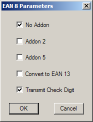 ScanMaster User Guide 3.8 EAN-8 3.8.1 FOR 1D SCANNERS By default, the scanner is set to read EAN-8 barcodes. (= No Addon) Options of 2-digit and 5-digit extensions are available.