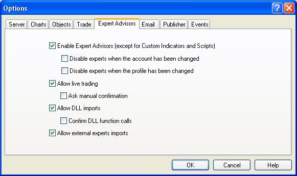 In the Options window that opens, click the Expert Advisors tab. You will see the following window. Make sure you check all the boxes that are checked in the screen shot below.