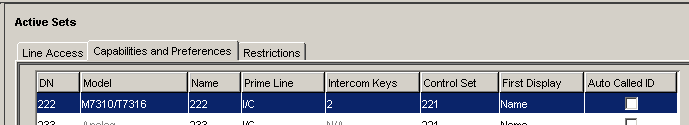 Active Sets - Capabilities & Preferences Tab This heading allows settings such as the Prime Line, number of Intercom Keys and Control Sets to be set for extensions on the BCM.