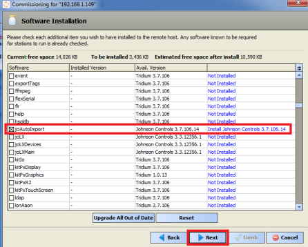 Figure 17: Commissioning Wizard - Software Installation 11. Click Upgrade All Out of Date. The system selects the check boxes next to the out-of-date software.