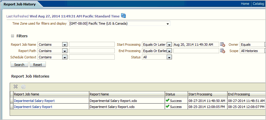 h) From the Home Page, select Report Job History to view the report job history and job history details.