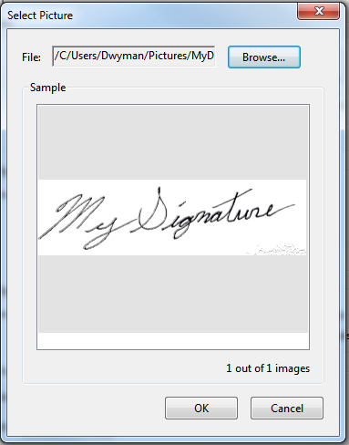 29. Your signature will show up in the sample window (Figure 17). Figure 17 30. 31. 32. 33. Now click the OK button. You are now ready to digitally sign the document. Click the Sign button.