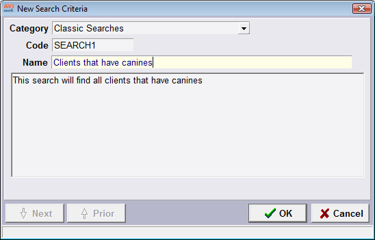 Creating a New Search New categories and searches can be created by using the F2 button, or right click options.