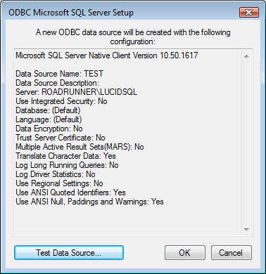 7. You should finally see the Test Data Source screen which should give a Test Successful message upon clicking on the large button if the SQL database is visible to the network and the Login is