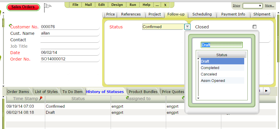 Handling a Sales Order Display of the sales orders screen in Priority ERP When updating a status or an employee in a sales order, an event record is created in a