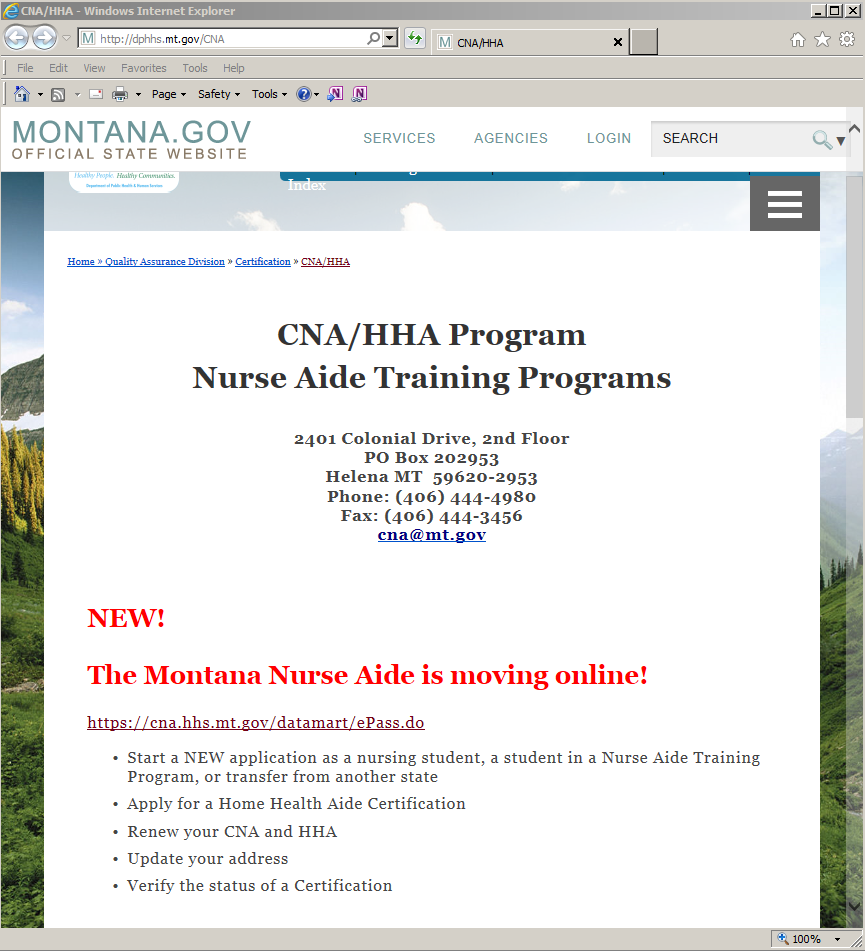 MONTANA NURSE AIDE REGISTRY ONLINE For: Enrolled Students in a Montana College/University Nursing Program http://dphhs.mt.