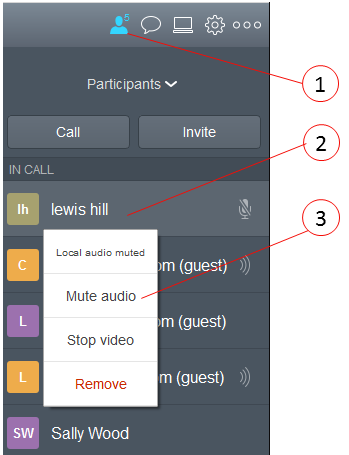 Using a cospace 3.11 Muting or unmuting individual participants audio feed If your administrator has granted permission, you can mute or unmute the audio feed for individual participants.
