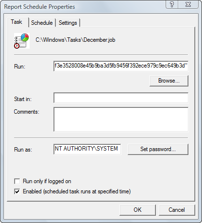 Scheduling a Report Run Figure 31 - The Report Schedule Properties 4. Ignore the Run and Start In options. See screen above. 5. Enter the Windows login (Windows username), in the Run as field.