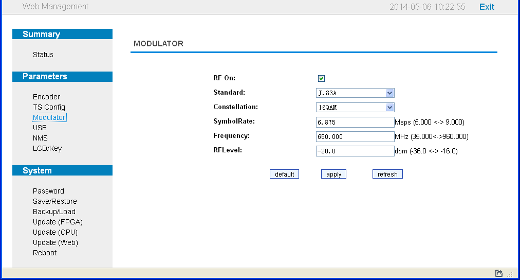 Figure-4 Parameters Modulator: From the menu on left side of the webpage, clicking Modulator, it