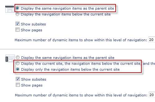 Global Navigation (mandatory) 1. Select the Display the same navigation items as the parent site radio button 2. Click the Show subsites checkbox Current Navigation 1.