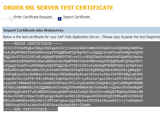 7. Click in Test IT Now! And paste the output from the create certificate request from STRUST, select the server type SAP Web Application Server 6.