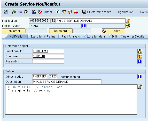 Create manually a PM/CS Notification The user creates a PM/CS notification in order to document the event