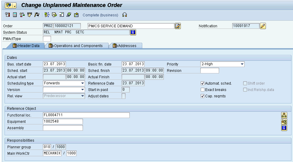 Automatically Created Work Order The work