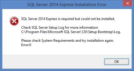 For Completed System installations or upgrades, you will see the SQL Server installation progress dialogs. If SQL Server installation fails, you will see an error message like this.