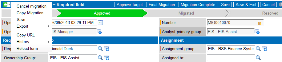 Updating Migration Request Records 1. Approve Target button: Select this button to approve the migration for the target environment.
